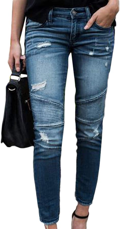 Damen Jeans Mode Zerrissen Skinny Stretch Denim Perfect Lange Hosen Mit Zipper Vordertaschen