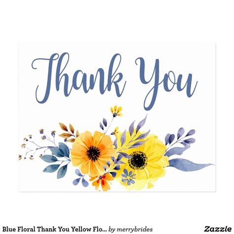 Blue Floral Thank You Yellow Flowers Watercolor Postcard Zazzle