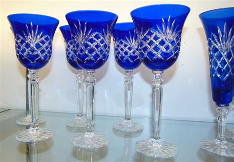 6 Cobalt Bohemian Cut To Clear Crystal Wine Glasses
