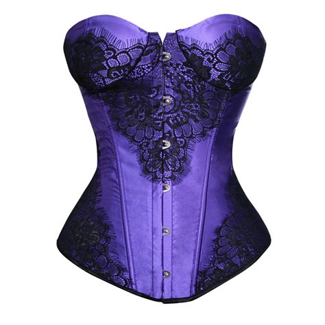 Sexy Purple Satin Strapless Floral Lace Overlay Overbust Corset N1139