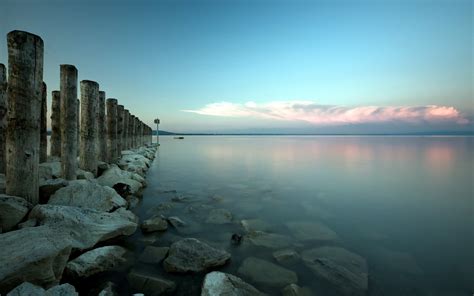 Wallpaper Sunlight Sunset Sea Bay Lake Rock Shore Reflection