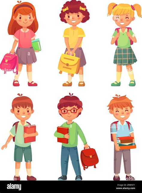 Primary School Kids Cartoon Children Pupils With Backpack And Books In