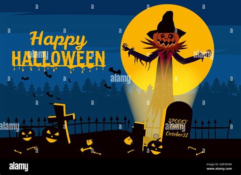 Happy Halloween Poster Night Cemetery Scary Smiles Pumpkins Bats