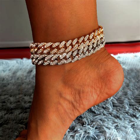 New Fashion Chunky Metal Chain Anklet For Women Men Rhinestone Gold