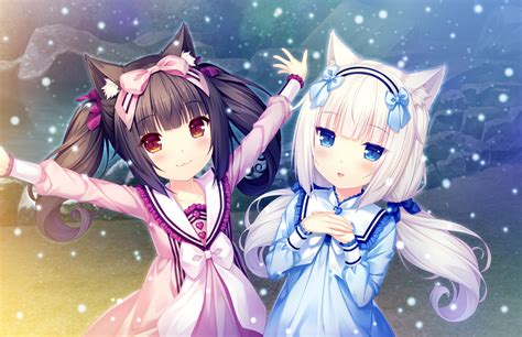 2girls Animal Ears Black Hair Blue Eyes Brown Eyes Catgirl Cat Smile