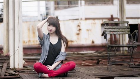Wallpaper Women Model Long Hair Brunette Outdoors Asian Sitting