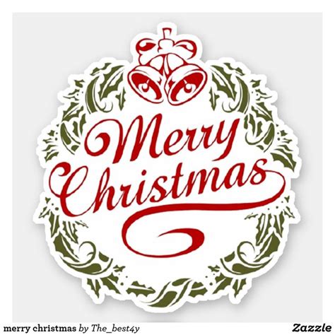 Merry Christmas Sticker With Holly Wreath And Bells On The Bottom In