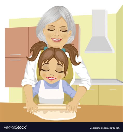 Grandmother Teaching Granddaughter To Cook Pizza Vector Image