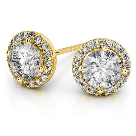 Diamond Halo Stud Earrings In Yellow Gold 12 Ctw