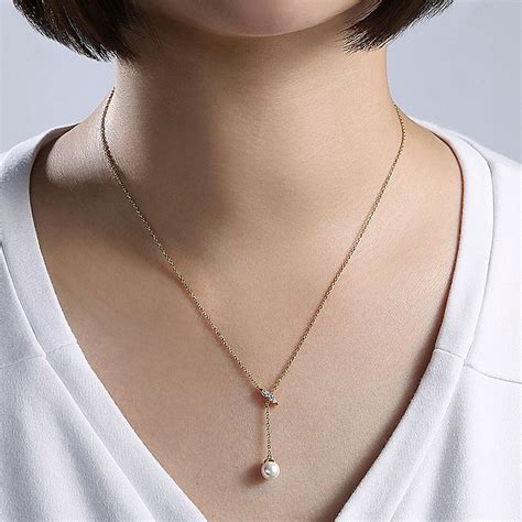 14k Yellow Gold Diamond Bar Y Necklace With Cultured Pearl Drop