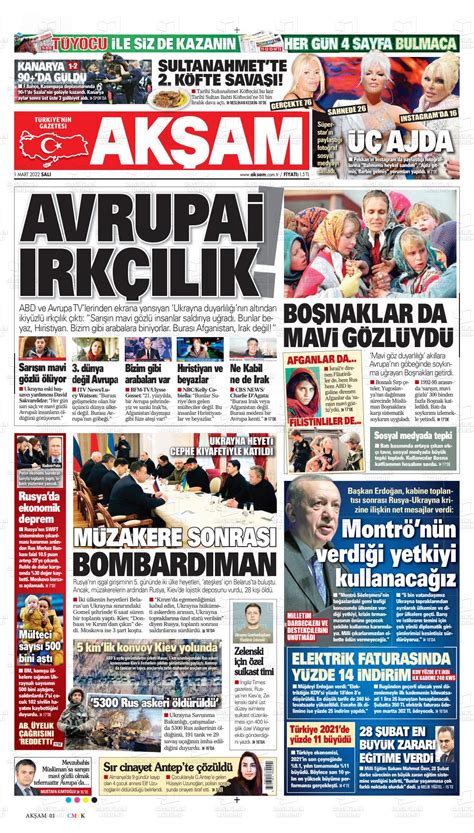 01 Mart 2022 tarihli Akşam Gazete Manşetleri