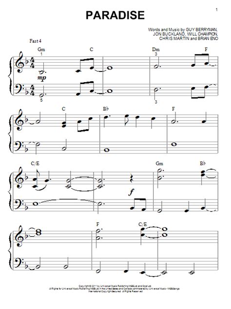 Paradise Sheet Music By Coldplay Piano Big Notes 89795