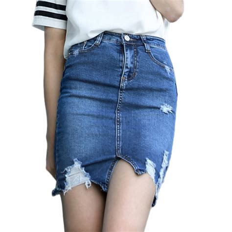 Sale Women Sexy Destructed Denim Skirts Skinny Tight Mini Pencil Skirt