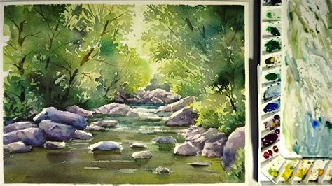 Watercolor Landscape Painting The Water Stream Youtube