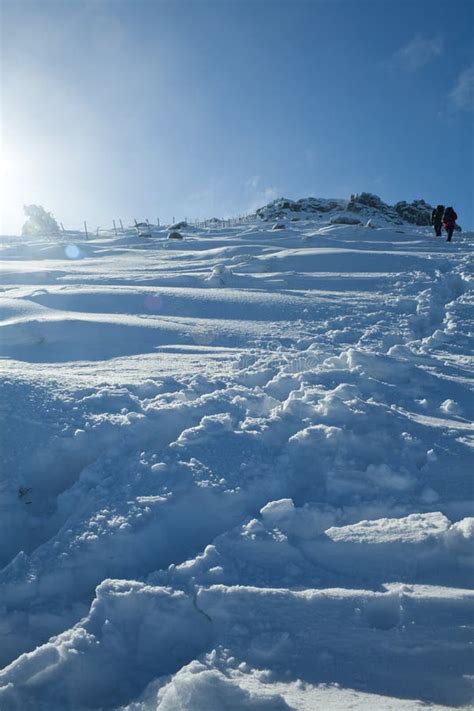 Two Mountaineers On The Way To The Summit On Snowy Ground A Sunny