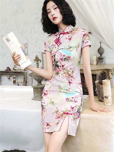 Pink Floral Short Modern Qipao Cheongsam Dress Cozyladywear