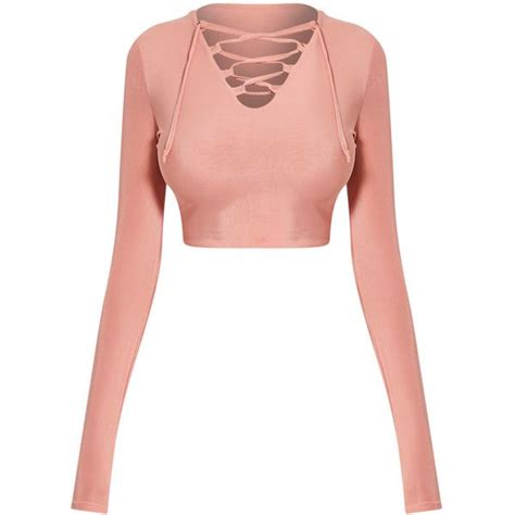 Ameria Blush Lace Up Front Crop Top Liked On Polyvore Featuring Tops