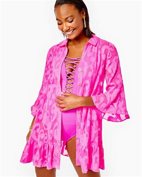 Cover Ups Lilly Pulitzer Womens Linley Coverup Plumeria Pink Poly