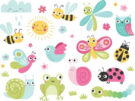 Cute Bugs And Animals Character Set Funny Cartoon Insects Butterfly