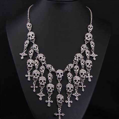 Vintage Silver Black Colors Crystal Skeleton Skull Head Pendant