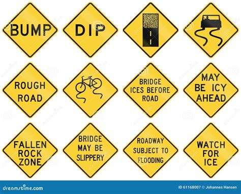 Collection Of Road Condition Warning Signs Used In The Usa Stock