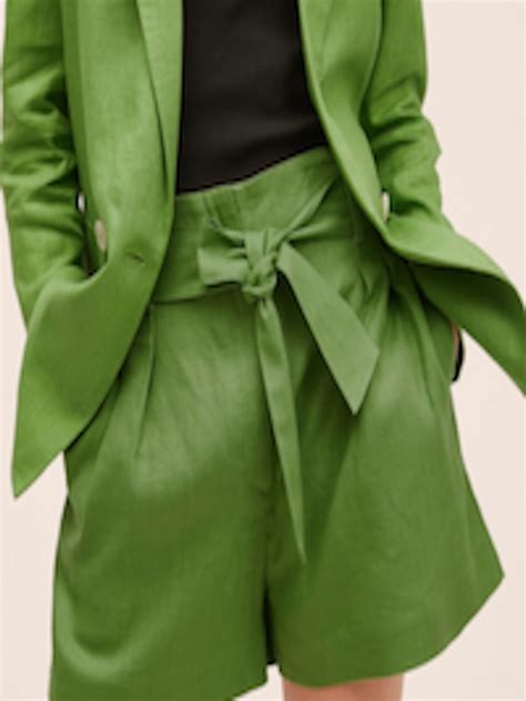 Buy MANGO Women Olive Green Paper Bag Fit Fit High Rise Linen Shorts