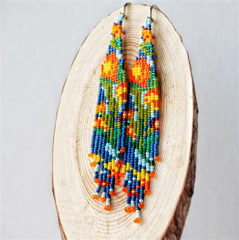 Indigenous Earrings Botanical Earrings Beadwork Earrings Blue Etsy