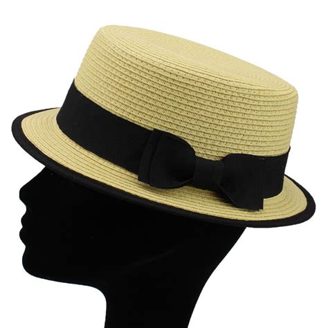 Ladies Straw Style Boater Hat Black Band And Bow Short Brim Ebay