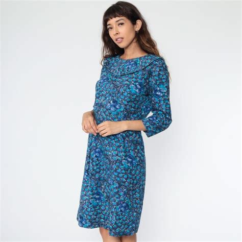 1960s blue floral dress wiggle 60s mini pencil sheath… gem