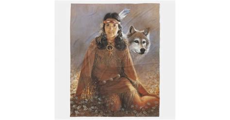 indian maiden and wolf fleece blankets zazzle