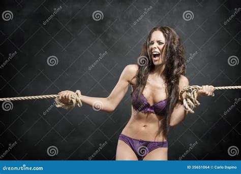 Angry Girl Tied By Rope Stock Photo Image Of Lingerie