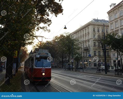 October 19 2018 Austria Vienna Old Red Tram Rides Through The City