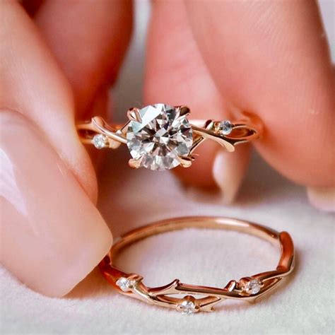 1 Ct Dainty Twig Engagement Set Rose Gold Branch Bridal Set Etsy