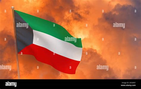 Kuwait Flag On Pole Dramatic Background National Flag Of Kuwait Stock