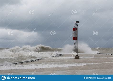 Fall Storm On Lake Huron Swallowing The Pier At Bayfield Stock Image