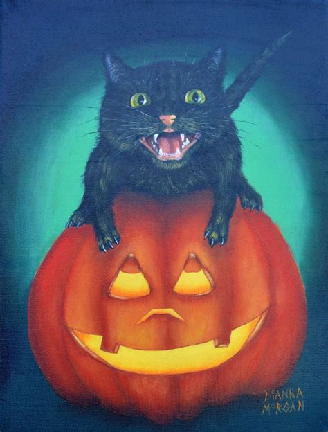 Small Spooky Painting Of Black Cat And Jack Olantern Etsy