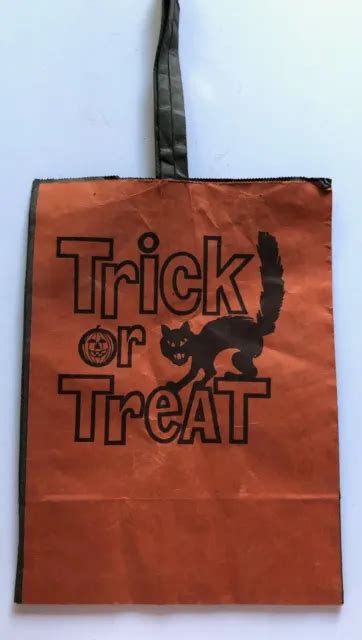 Vintage Halloween Paper Trick Or Treat Bag Orange And Black Cat Pumpkin