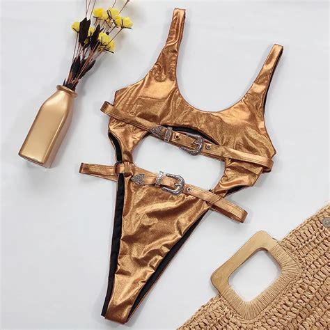 New Stock Metallic Gold Swimwear Popular Belt Golden Swimwear Sexy Lady