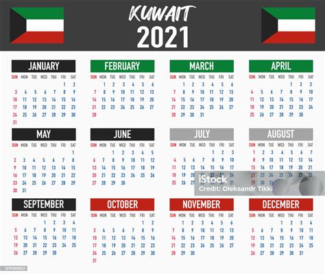 Kuwait Calendar With National Country Flag Month Day And Week Colorful