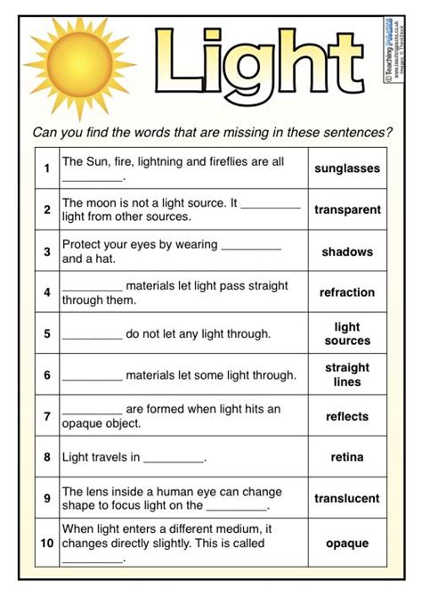 Properties Of Light Worksheet Grade 4