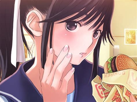 Hd Wallpaper Black Haired Girl Anime Character Holding Cheeseburger Wallpaper Wallpaper Flare