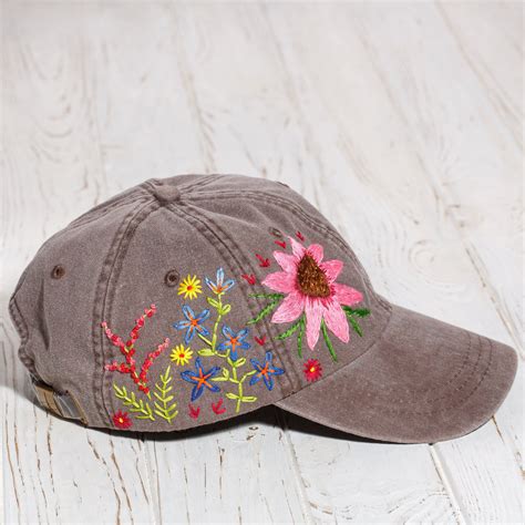 Hand Embroidered Flower Baseball Cap Floral Embroidery Hat For Women