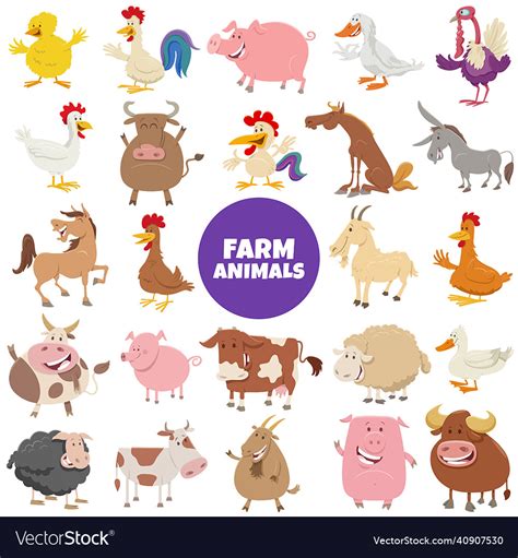 Cartoon Funny Farm Animal Characters Big Set Vector Image