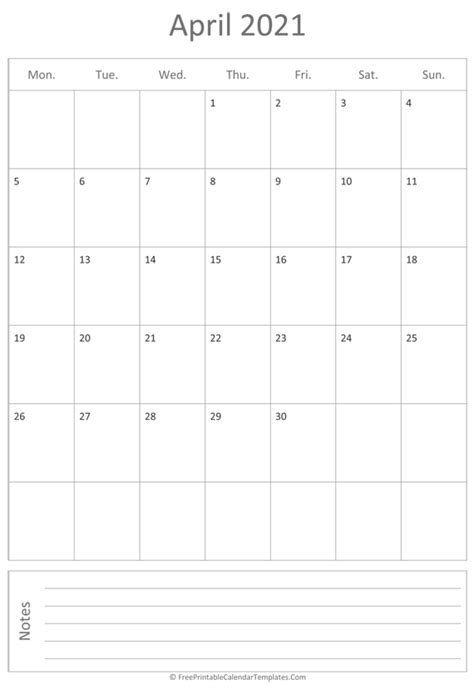 Printable April Calendar 2021 Vertical