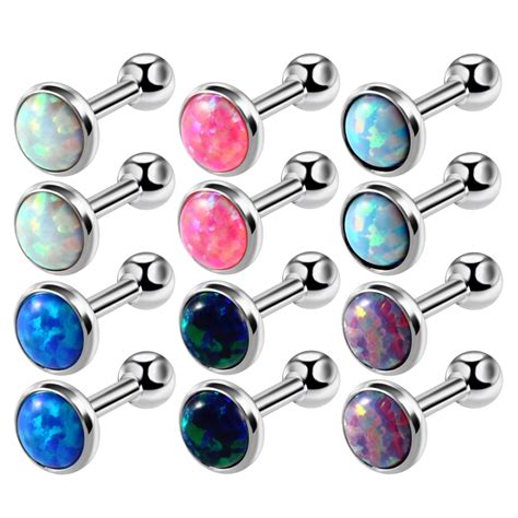 12pcs Lot 16G Steel Opal Stone Tragus Piercings Earrings Opal