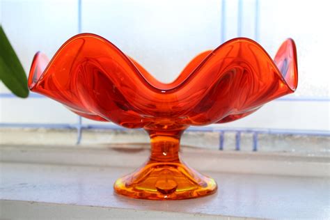 Retro Orange Glass Pedestal Bowl Candy Dish Vintage 1960s Amberina