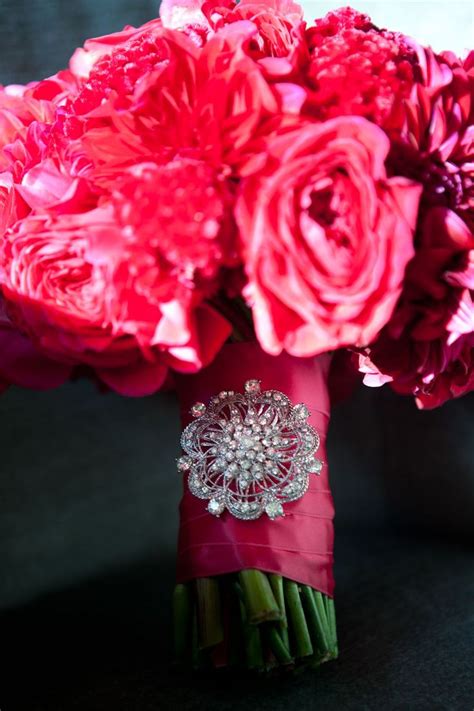 Bridal Bouquet With Hot Pink Garden Rosesranunculuscelosia And Dahlias