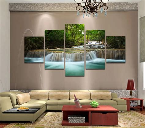 5 Panels Huge Hd Beautiful Green Waterfall Top Rated Canvas Print For