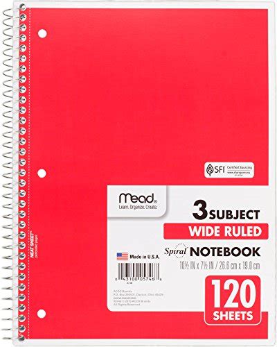 Mead 75698 Spiral Notebook Wide Ruled 3 Subject 120 Sheets 105 X