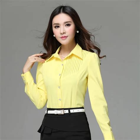 Spring 2015 New Formal Yellow Shirts Women Long Sleeve Work Blouses For Office Ladies Shirts Ol